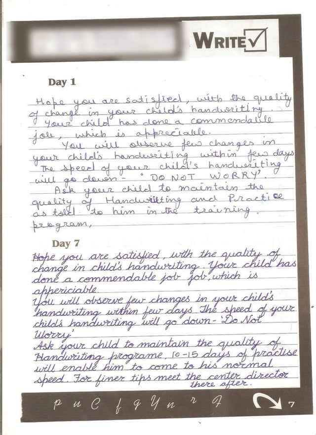 Shweta Kanodia, Age 30 · M.Com — English cursive · Day 1 and Day 7 handwriting sample
